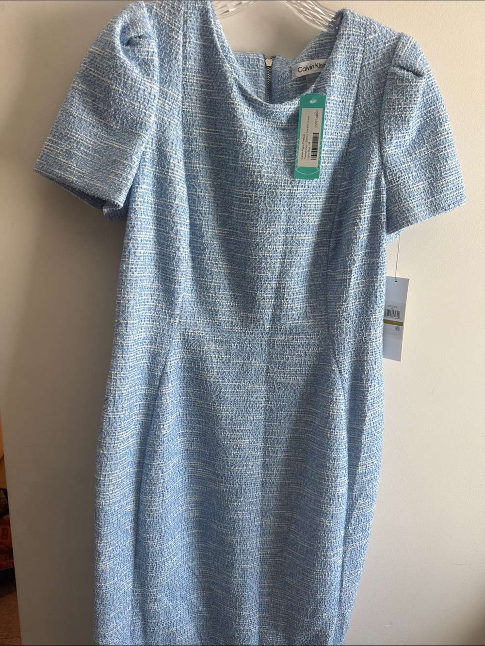 NWT Calvin Klein Pale Blue Tweed Midi Sheath Dress. Size 14.